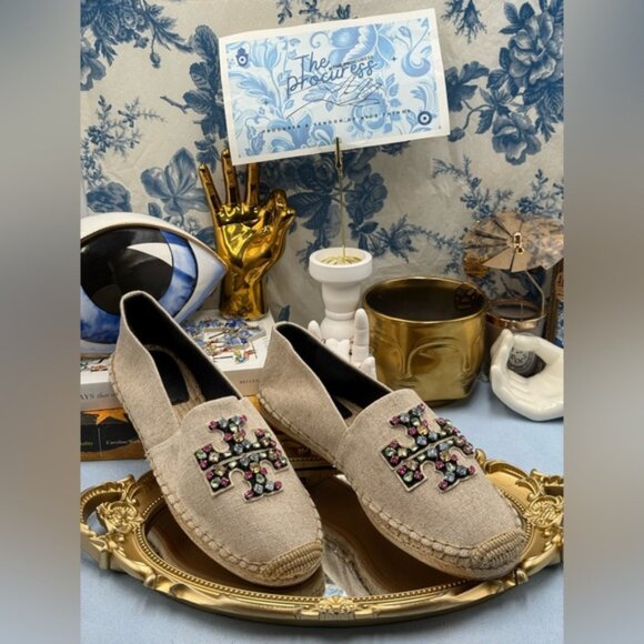 🆕 TORY BURCH 🧿 NWOB Ines Linen & Leather Bejewelled Espadrilles - Sz 10 M - Picture 2 of 13